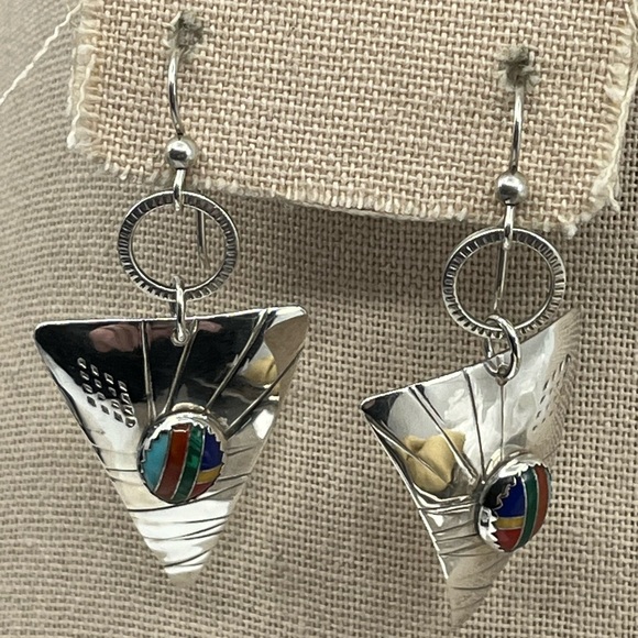 90's Handmade Sterling Silver Sail-Inspired Earrings with Multicolored Inlay - Picture 8 of 17
